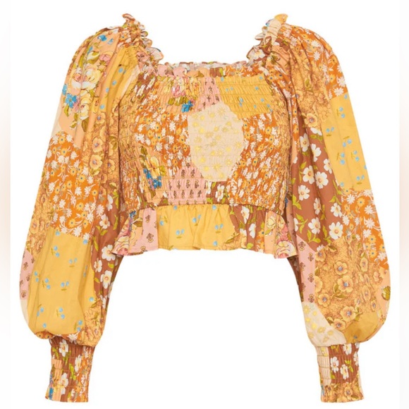 Spell x Free People Freda Shirred XS Yellow Organic Cotton Patchwork Smocked Top - Picture 16 of 16